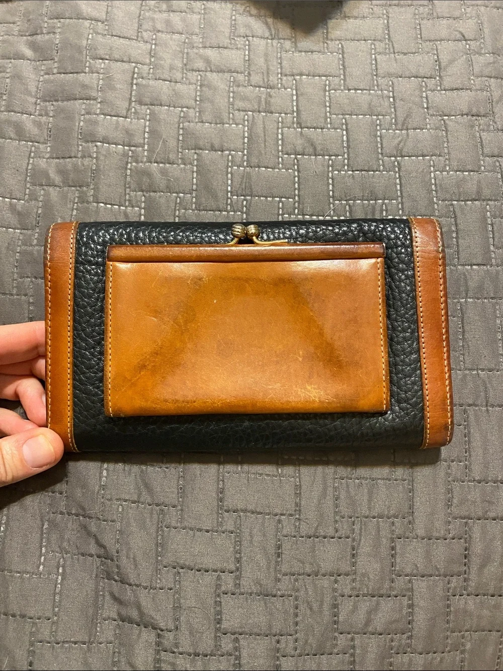 Dooney & Bourke Black/dark Navy Pebbled Leather Wallet with Brown Trim